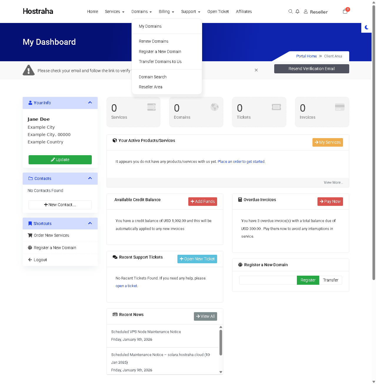 Portal Domains menu open, showing the Reseller Area link