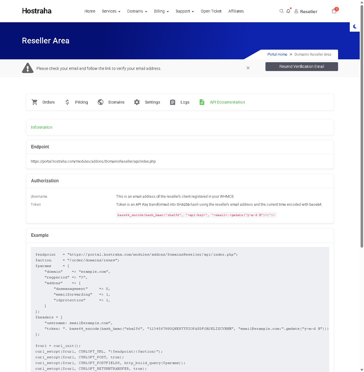 API Documentation tab showing the endpoint, authorization details, and a PHP request example