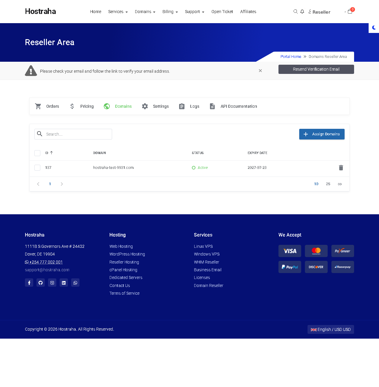 Reseller Area Domains tab listing an active domain with its expiry date