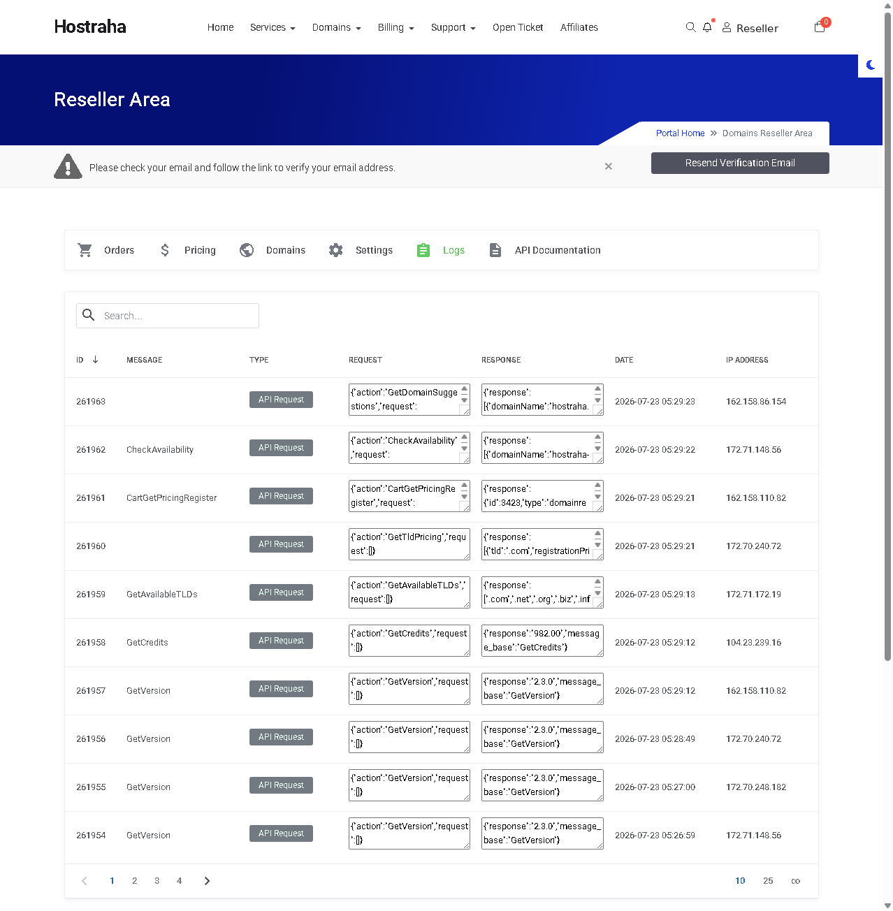 Reseller Area Logs tab listing API requests with their responses, dates, and IP addresses
