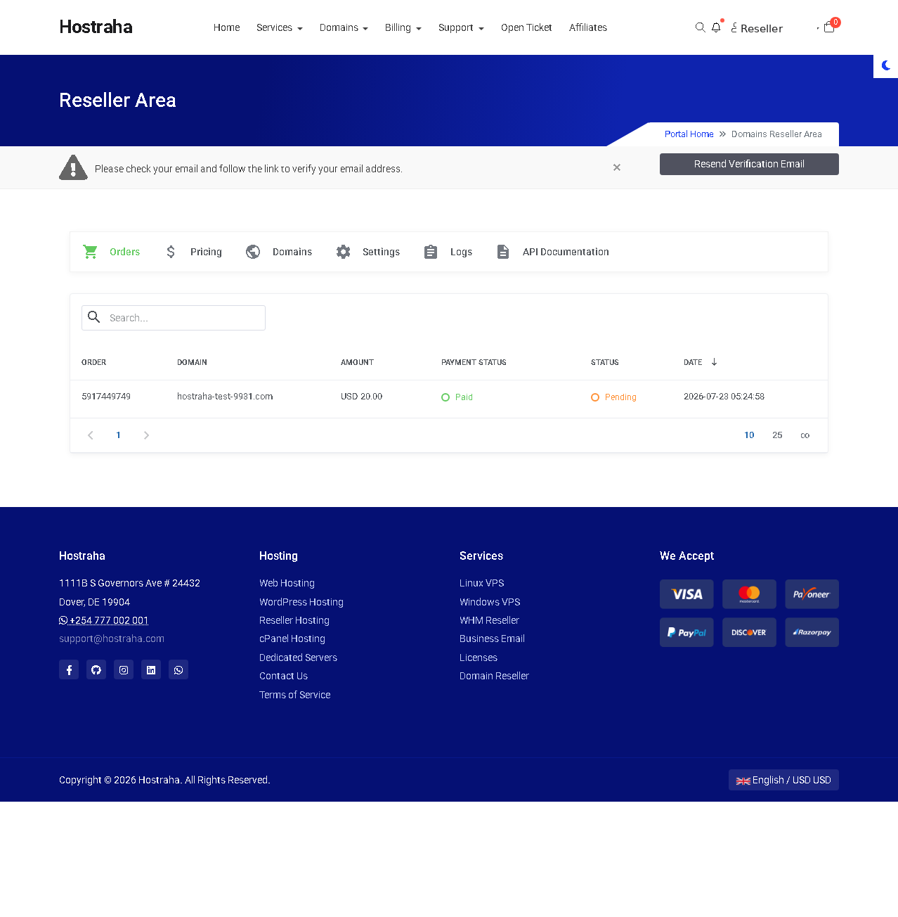 Reseller Area Orders tab listing a domain order with paid and pending status