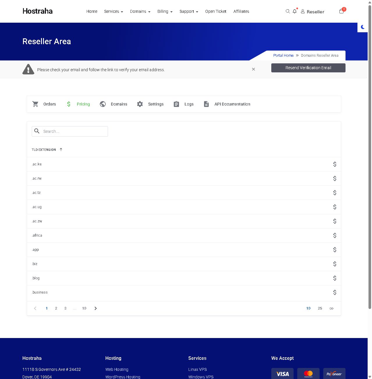 Reseller Area Pricing tab listing TLD extensions with prices