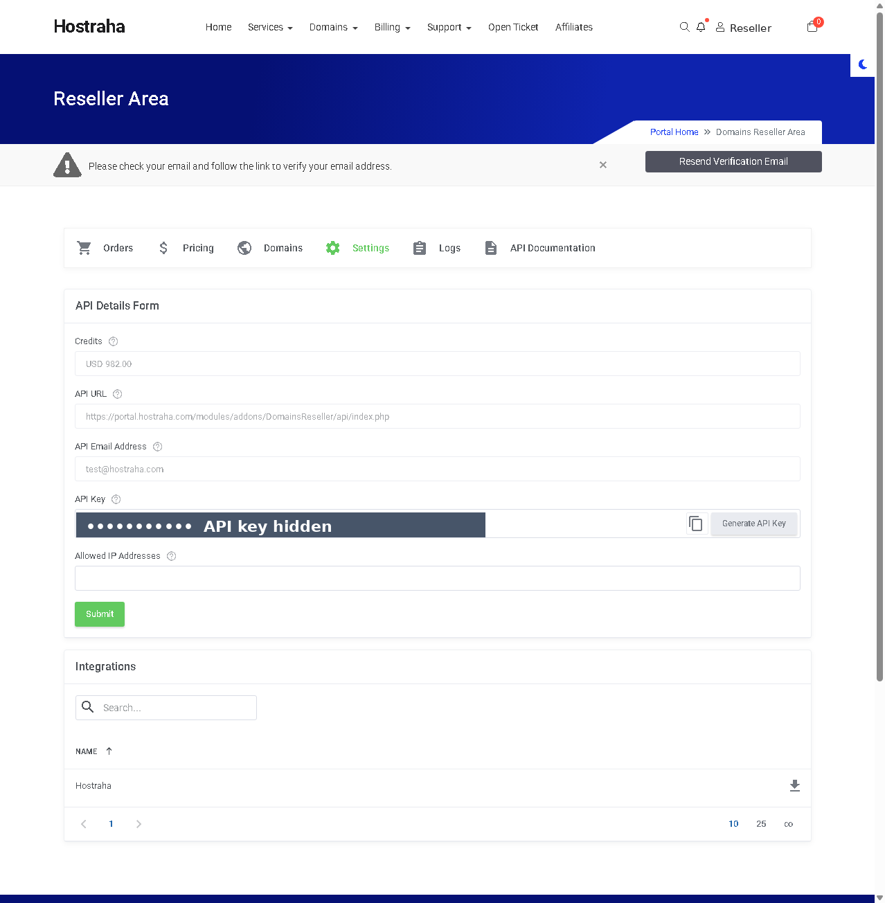 Settings API Details form showing Credits, API URL, API Email Address, a hidden API Key with a Generate API Key button, Allowed IP Addresses, and the Integrations WHMCS module
