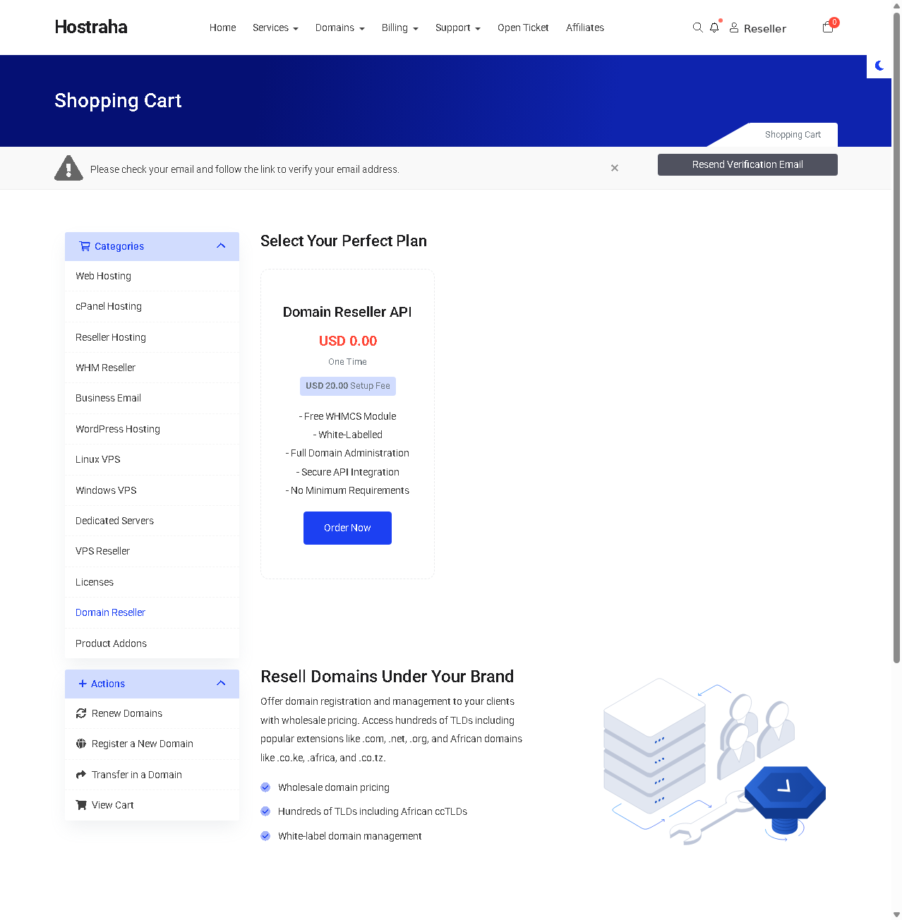 Hostraha store page for the Domain Reseller module with the Order Now button